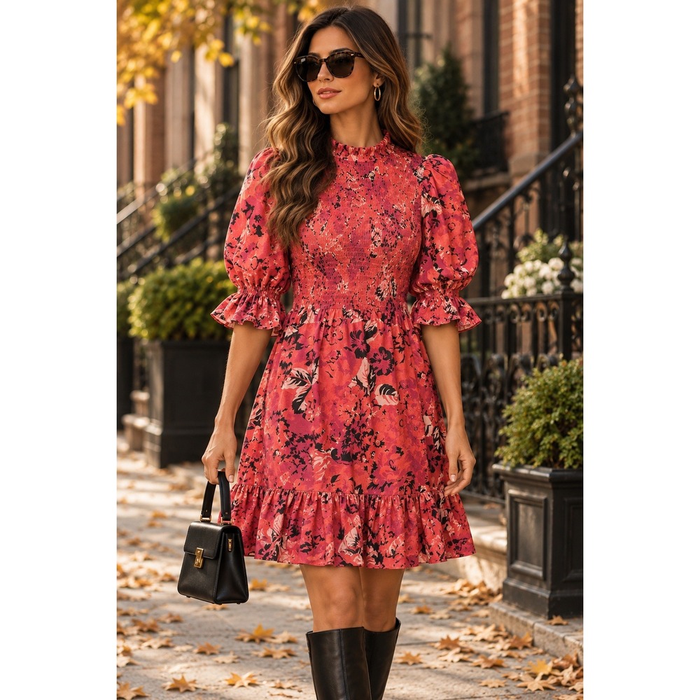 NWT Area Stars Floral Ruffle Mini Dress Smocked Puff Sleeve (MSRP: $198) XS